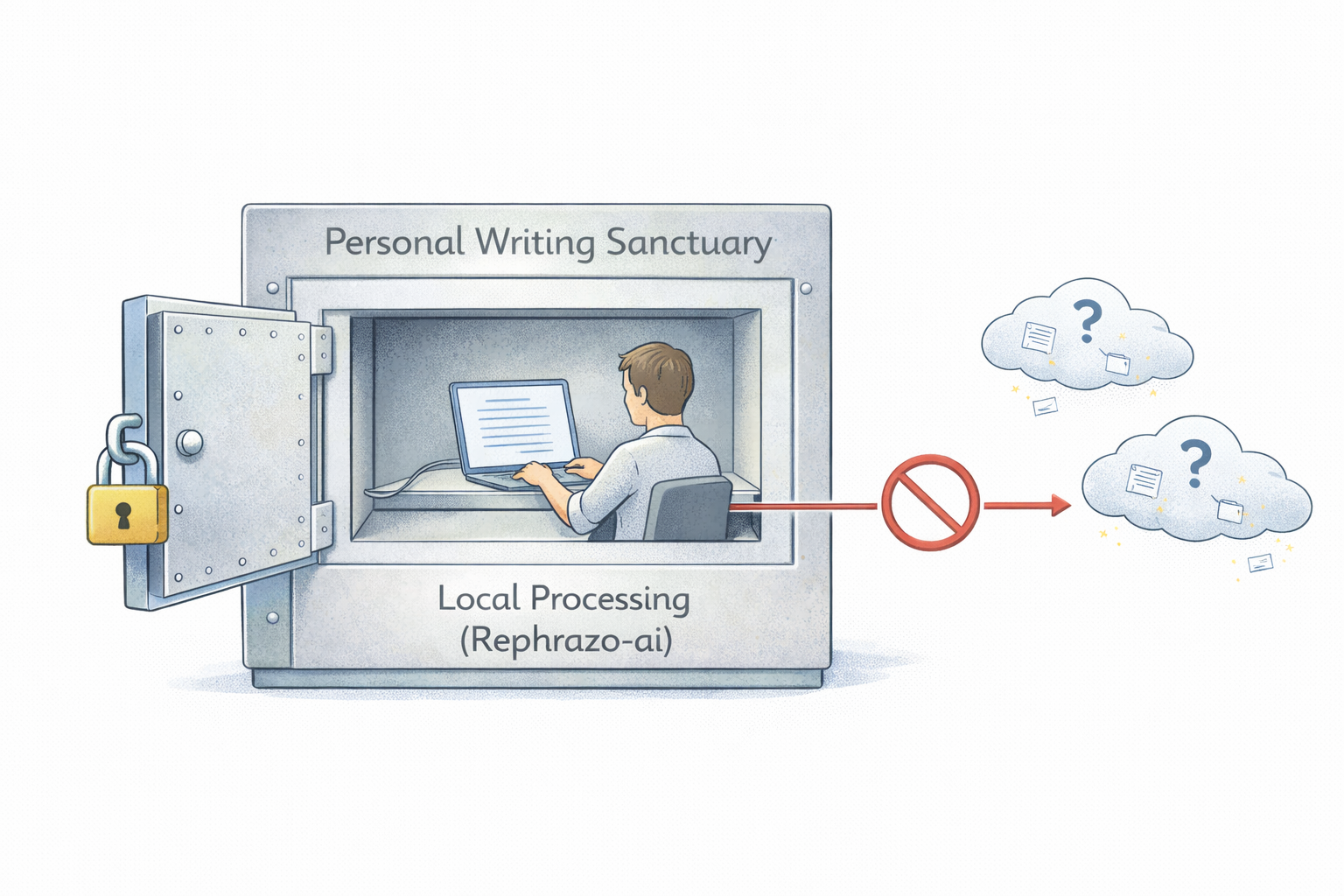 Three-stage workflow diagram: Rough Draft with red marks, AI-Assisted Linguistic Refinement with Rephrazo icon, Polished High-Impact Writing with checkmark
